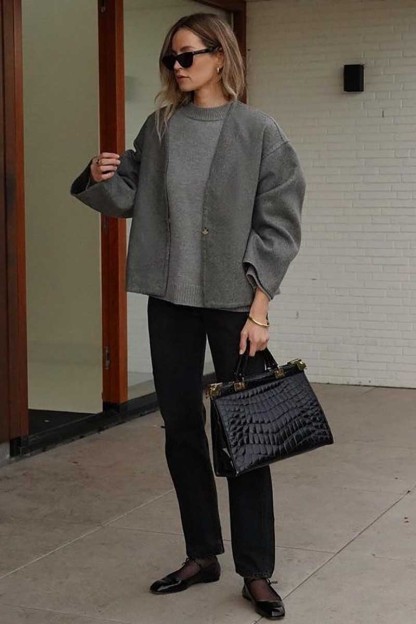 Open Front Long Sleeve Loose Fit Plain Woolen Cardigan-Grey-Hayhty.All Rights Reserved.