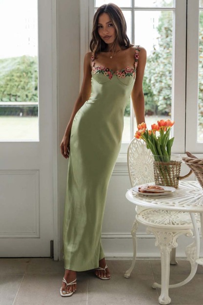 Embroidered Flower Boat Neck High Slit Satin Slim Garden Party Slip Maxi Dresses-Hayhty.All Rights Reserved.