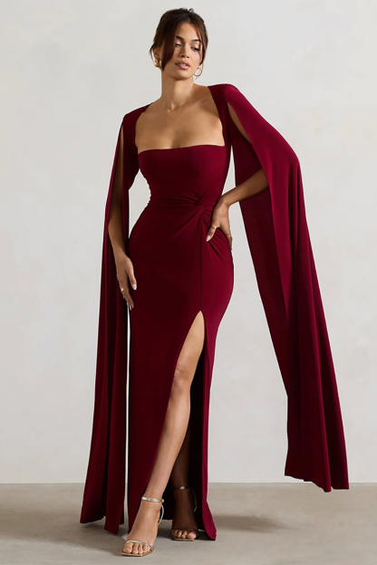 Boat Neck Caped Sleeve Ruched Bodycon Slit Gowns Maxi Dresses-Burgundy-Hayhty.All Rights Reserved.