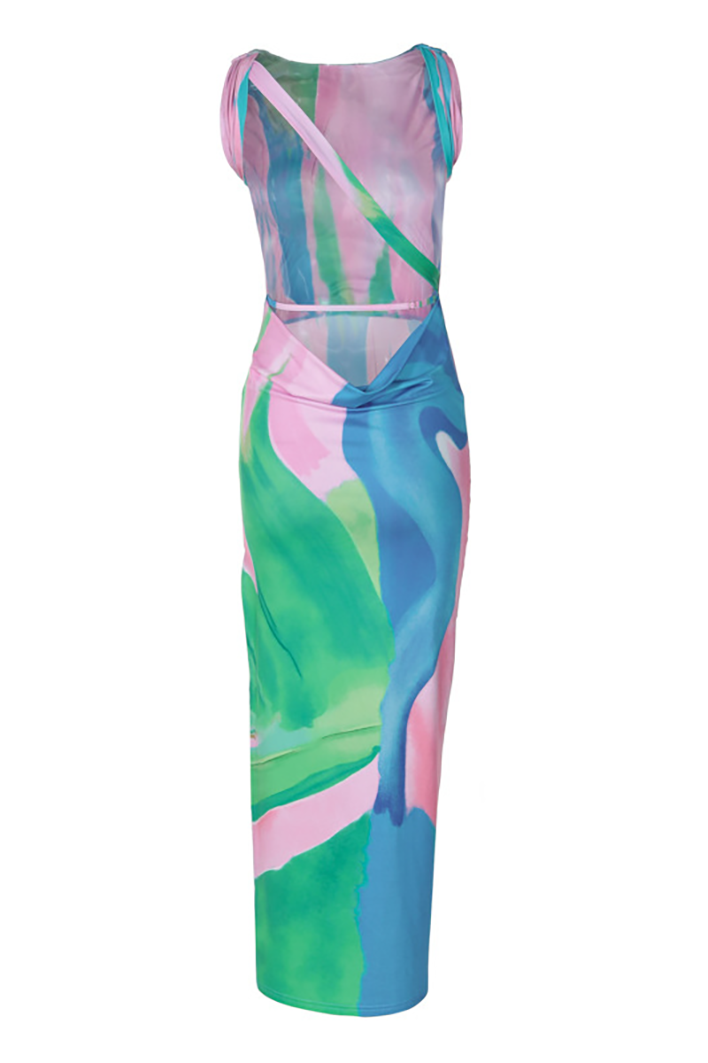 Pattern Print Slim Fit Open Back Side Slit Maxi Tank Dresses-Pink-Hayhty.All Rights Reserved.