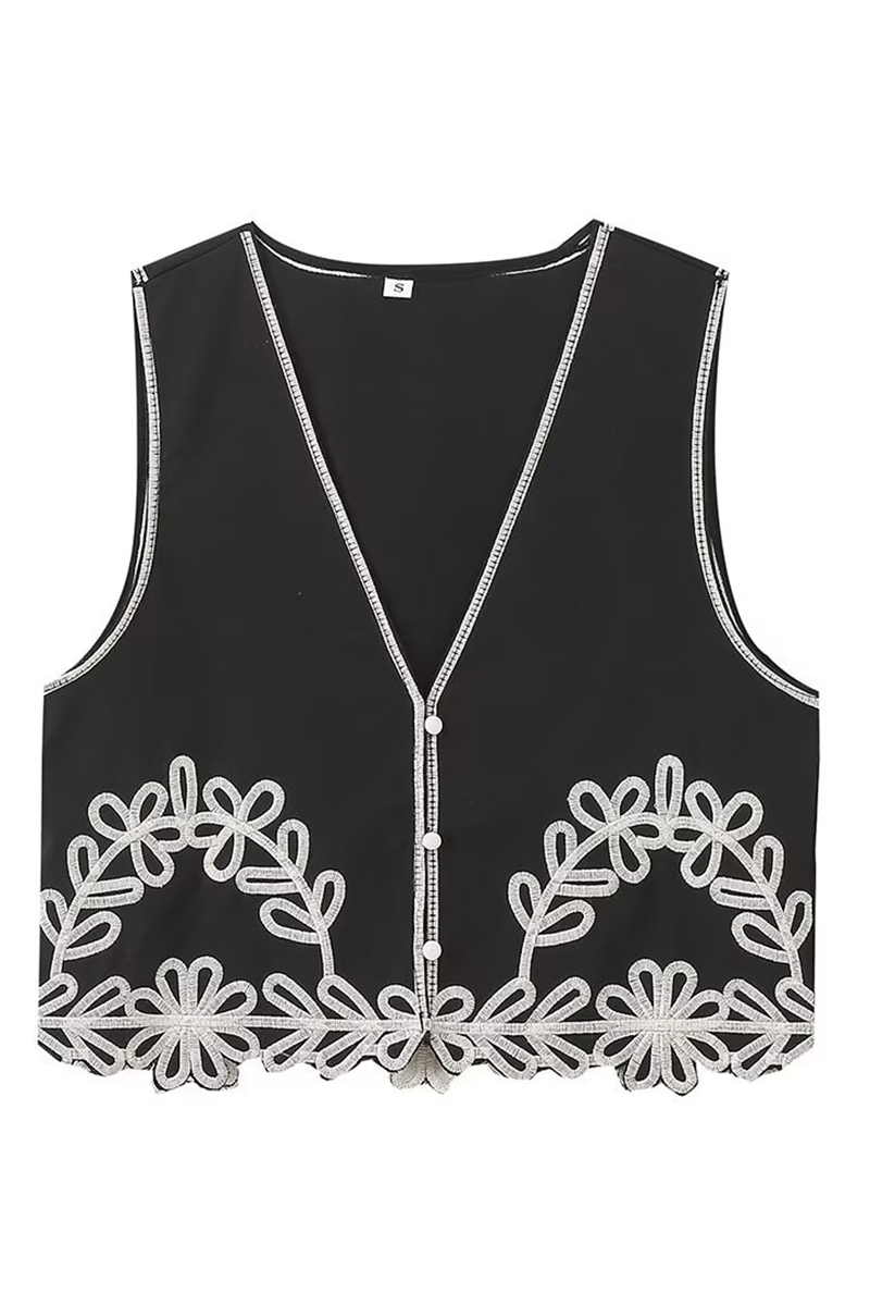 Embroidery V Neck Vest Wide Leg Pants Matching Set-Black-Hayhty.All Rights Reserved.