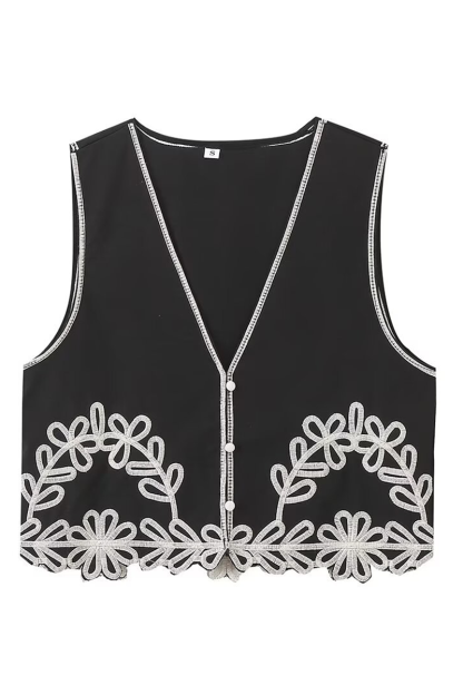 Embroidery V Neck Vest Wide Leg Pants Matching Set-Black-Hayhty.All Rights Reserved.