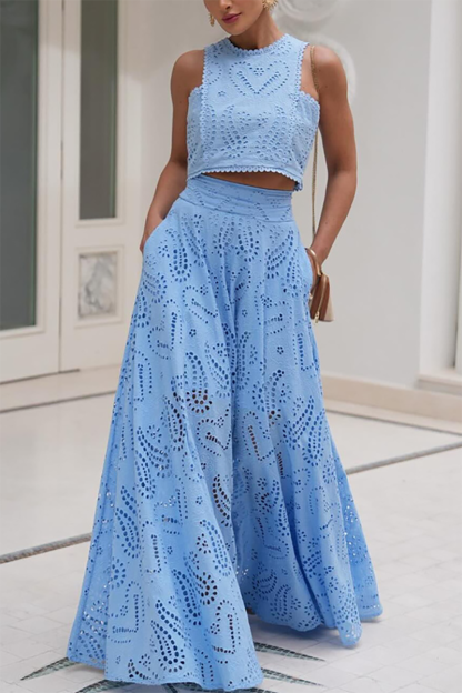 Hollow Out Pattern Sleeveless Crop Top High Waist Maxi Skirt Matching Set-Blue-Hayhty.All Rights Reserved.