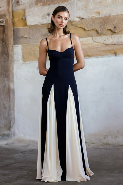 Colorblock Patchwork A-Line Flowy Slip Maxi Dresses-Black-Hayhty.All Rights Reserved.