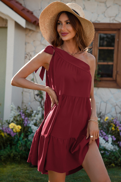 One Shoulder Sleeveless Bow Pleated Tiered Hem Vacation Mini Dress-Hayhty.All Rights Reserved.