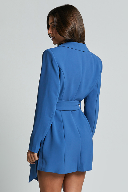 Notch Lapel Long Sleeve Button Up Tie Belt Plain Blazer Mini Dresses-Blue-Hayhty.All Rights Reserved.