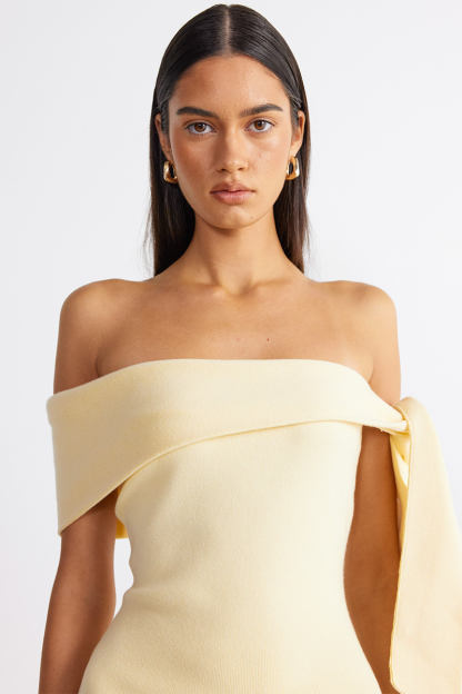Asymmetrical Tie Up Strapless Bodycon Knit Mini Dresses-Yellow-Hayhty.All Rights Reserved.