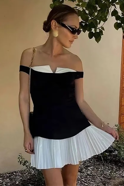 Draped Shoulder Pleated Hem Colorblock A-Line Mini Dresses-Black-Hayhty.All Rights Reserved.
