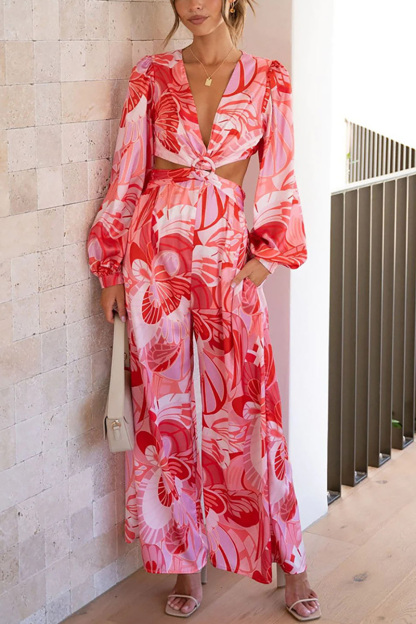 Floral Print Deep V Neck Cutout Flare Long Sleeve Ring Decor Wide Leg Vacation Jumpsuit-Hayhty.All Rights Reserved.