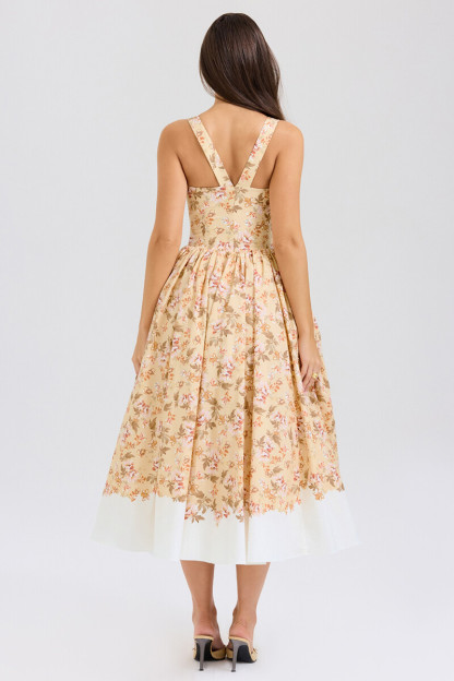 Floral Print Cinch Waist Wide Straps Bouffant Midi Dresses-Yellow-Hayhty.All Rights Reserved.