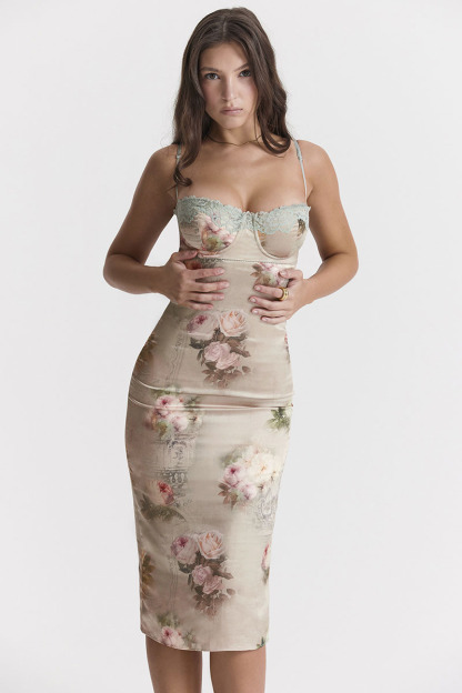 Floral Print Lace Trim Bustier Cocktail Party Cami Midi Dresses-Hayhty.All Rights Reserved.