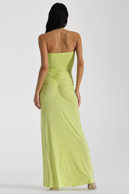 Ruched Ruffle Halter Slit Bodycon Evening Maxi Dresses-Hayhty.All Rights Reserved.