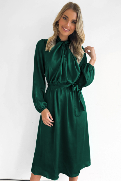 Ruched Knotted Long Sleeve Satin Midi Dresses-Hayhty.All Rights Reserved.
