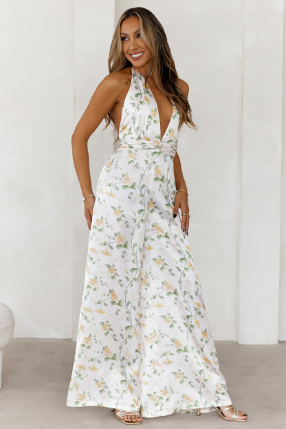 Floral Print Deep V Neck Halter Wide Leg Backless Jumpsuit-White-Hayhty.All Rights Reserved.