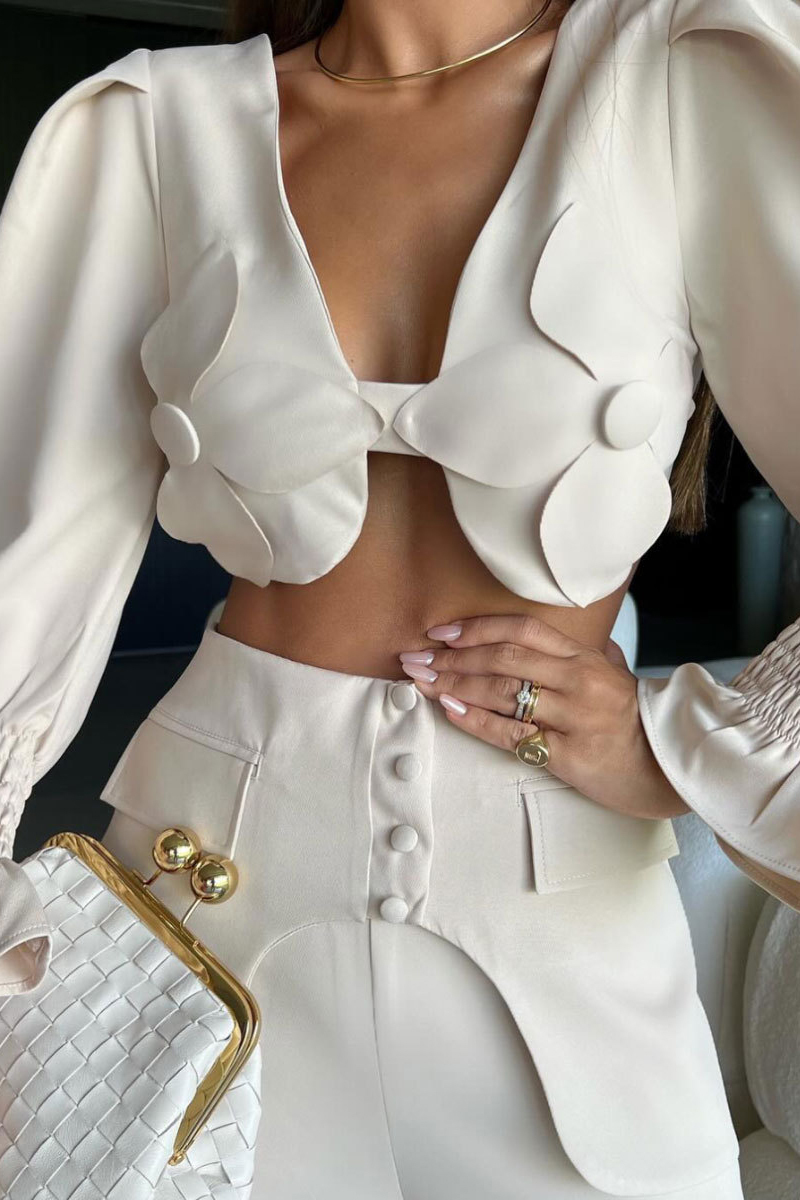 Floral Patchwork V Neck Crop Top High Waist Wide Leg Pants 2pcs Set-Beige-Hayhty.All Rights Reserved.