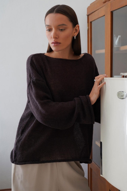 See Through Knit Flare Sleeve Loose Fit Solid Color Top-White-Hayhty.All Rights Reserved.