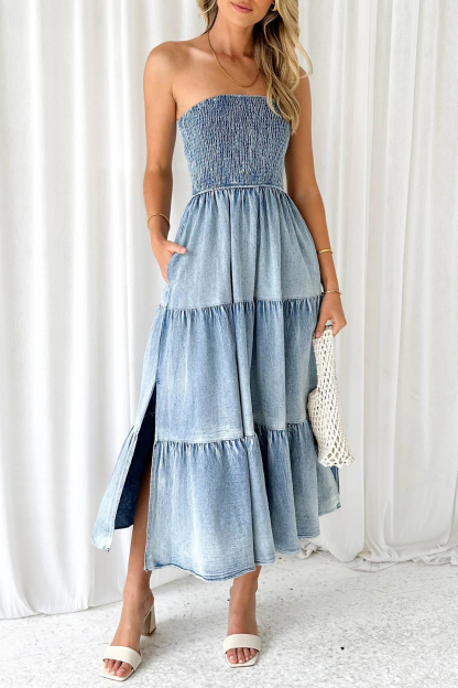 Boat Neck A-Line Side Slit Denim Distressed Midi Tube Dresses-Blue-Hayhty.All Rights Reserved.