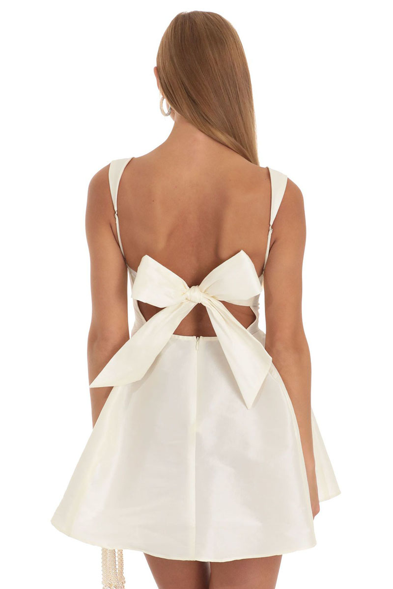 Square Neck Straps White Bow Knotted Cutout Backless A-line Satin Mini Dresses-Hayhty.All Rights Reserved.