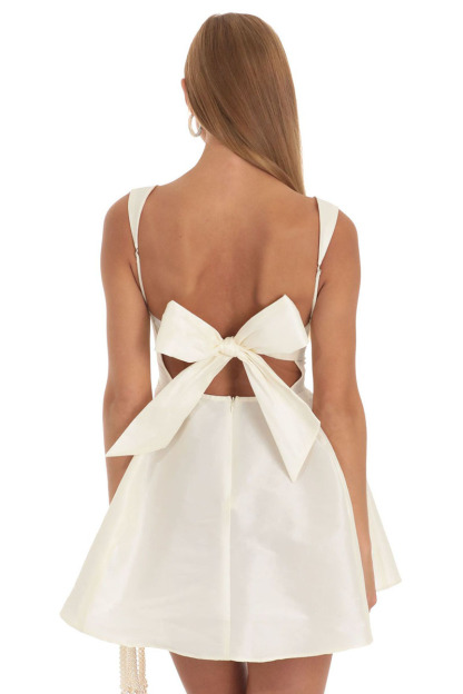 Square Neck Straps White Bow Knotted Cutout Backless A-line Satin Mini Dresses-Hayhty.All Rights Reserved.