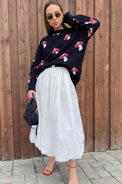 Mushroom Jacquard Pattern Round Neck Long Sleeve Loose Fit Sweater-Black-Hayhty.All Rights Reserved.