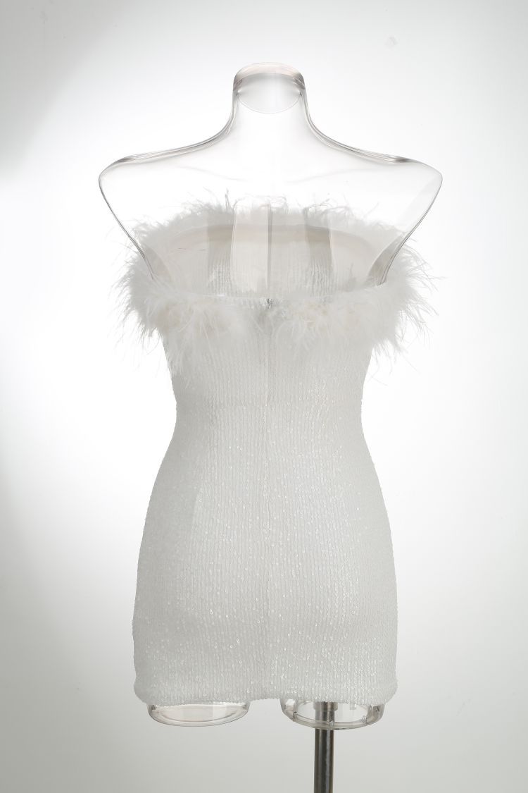 Sequin Strapless Feather Trim Bodycon Mini Party Dresses-Hayhty.All Rights Reserved.