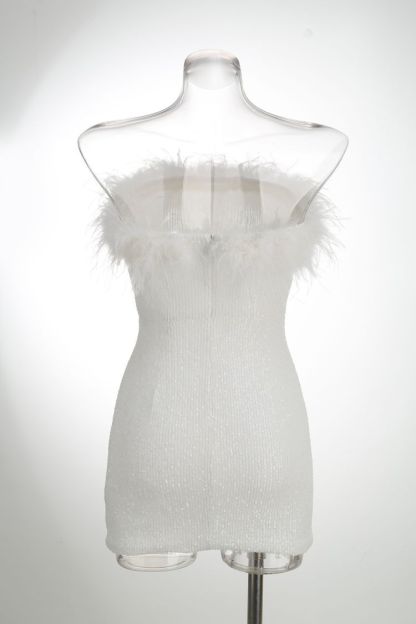 Sequin Strapless Feather Trim Bodycon Mini Party Dresses-Hayhty.All Rights Reserved.