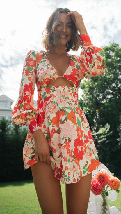 Floral Blossom Bubble Sleeves Cutout Mini Dress-Hayhty.All Rights Reserved.