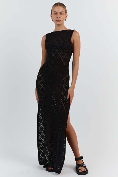 Hollow Out Boat Neck Sleeveless Knitted Bodycon High Slit Cover Up White Maxi Dresses-Hayhty.All Rights Reserved.