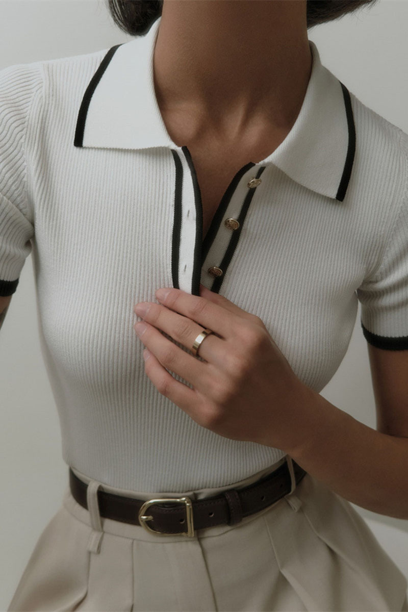 Short Sleeve Turndown Collar Half Button-Up Colorblock Trim Knit Top-White-Hayhty.All Rights Reserved.