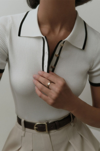 Short Sleeve Turndown Collar Half Button-Up Colorblock Trim Knit Top-White-Hayhty.All Rights Reserved.