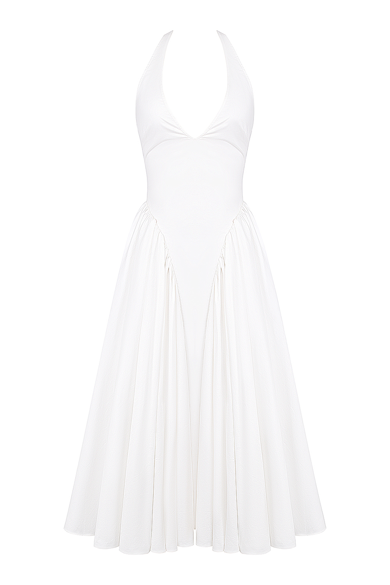 Deep V Neck Halter Cinch Waist Plain Midi Dresses-White-Hayhty.All Rights Reserved.