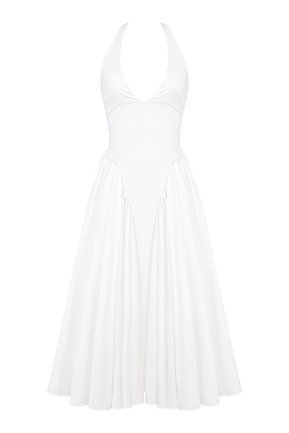 Deep V Neck Halter Cinch Waist Plain Midi Dresses-White-Hayhty.All Rights Reserved.