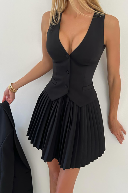 Deep V Neck Cinch Waist Waistcoat Pleated Mini Skirt Matching Set-Blue-Hayhty.All Rights Reserved.
