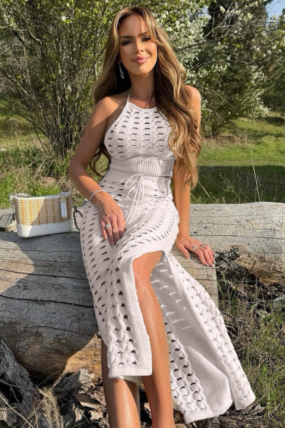 Sleeveless Crop Top Knit Hollow Out Slit Midi Skirt Matching Set-White-Hayhty.All Rights Reserved.