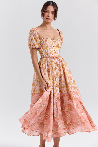 Floral Print Puff Sleeve Cinch Waist Colorblock Midi Dresses-Orange-Hayhty.All Rights Reserved.