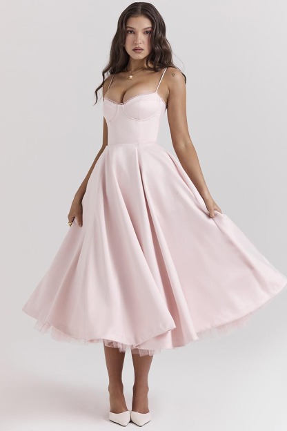 Elegant Cinch Waist Party Bridesmaid Tulle Layered Midi Slip Dresses-Pink-Hayhty.All Rights Reserved.
