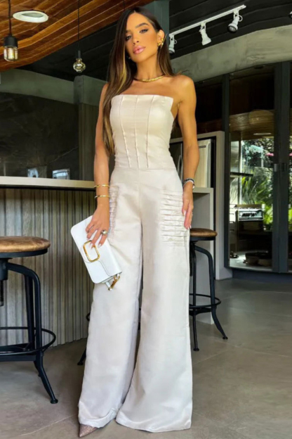 Ruched Boat Neck Solid Color Elegant Wide Leg Jumpsuit-Beige-Hayhty.All Rights Reserved.