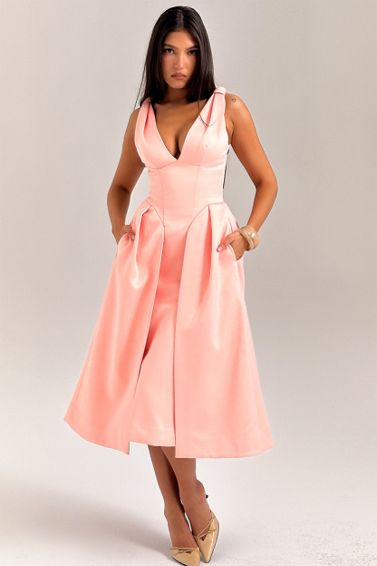 Deep V Neck Cinch Waist Satin Midi Tank Dresses-Pink-Hayhty.All Rights Reserved.