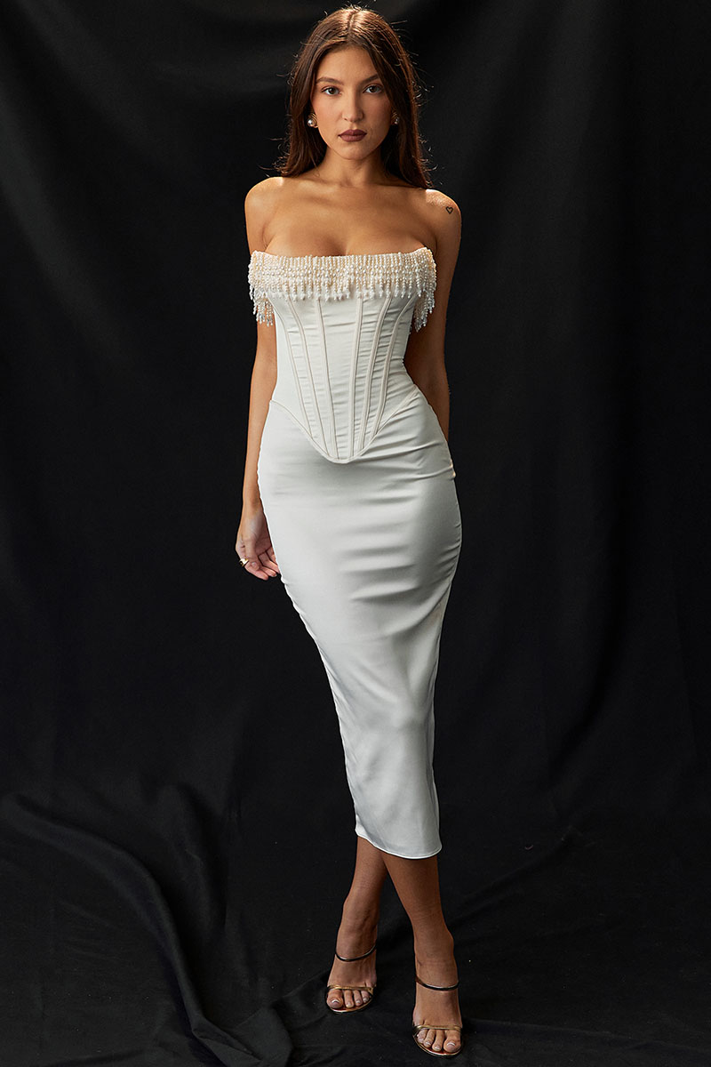 Beads Pearls Fringed Trim Strapless Corset Bodycon Midi Dresses-White-Hayhty.All Rights Reserved.