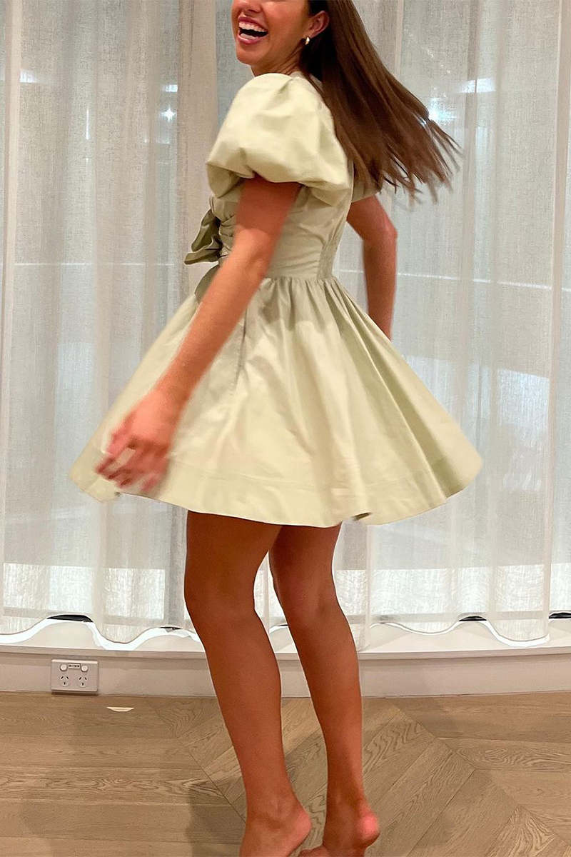 Deep V Neck Puff Sleeve Front Bow A-Line Mini Dresses-Green-Hayhty.All Rights Reserved.
