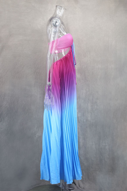 Gradient Color Cross Halter Cutout Backless Pleated Maxi Dresses-Blue-Hayhty.All Rights Reserved.