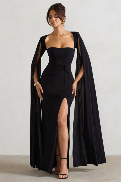 Boat Neck Caped Sleeve Ruched Bodycon Slit Gowns Maxi Dresses-Burgundy-Hayhty.All Rights Reserved.