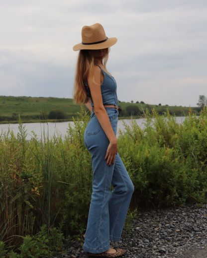 Square Neck Corset Front Zip Flared Leg Denim Strappy Jumpsuit-Blue-Hayhty.All Rights Reserved.