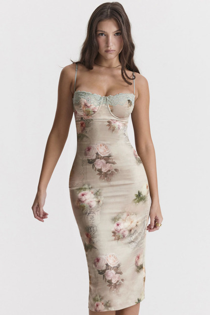 Floral Print Lace Trim Bustier Cocktail Party Cami Midi Dresses-Hayhty.All Rights Reserved.