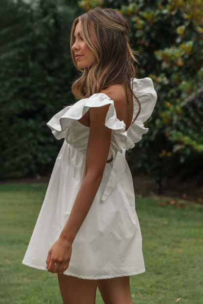 Deep V Neck Ruffle Short Sleeve Bow Cut Out A-Line Mini Dress-Hayhty.All Rights Reserved.
