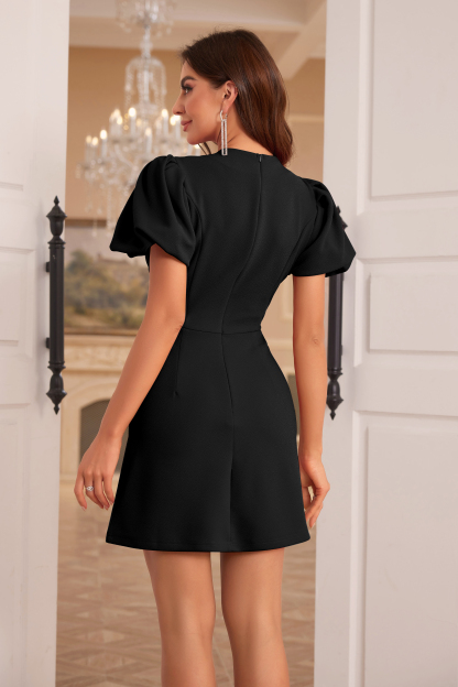 Puffy Sleeve Rhinestone Heart Cut Out Mini Dresses-Hayhty.All Rights Reserved.