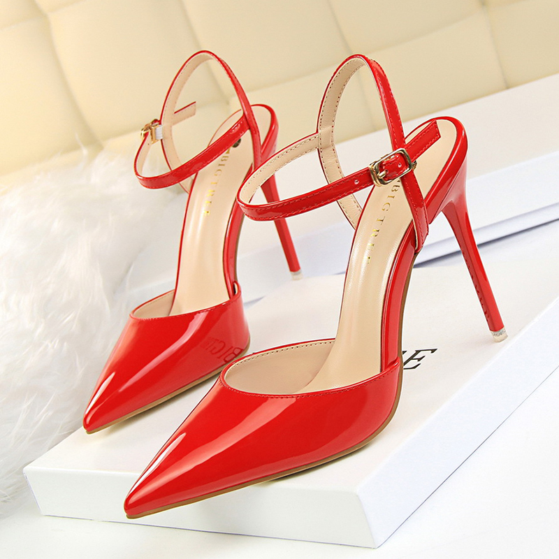 Burnished Plain Pointy Toe Ankle Strap Buckle Stiletto Heels-Hayhty.All Rights Reserved.