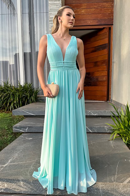 Deep V Neck Cinch Waist Plain Gowns Maxi Tank Dresses-Blue-Hayhty.All Rights Reserved.