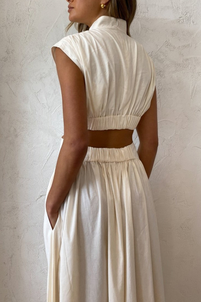 Stand Collar Sleeveless Open Waist Dress Maxi Dresses-Hayhty.All Rights Reserved.