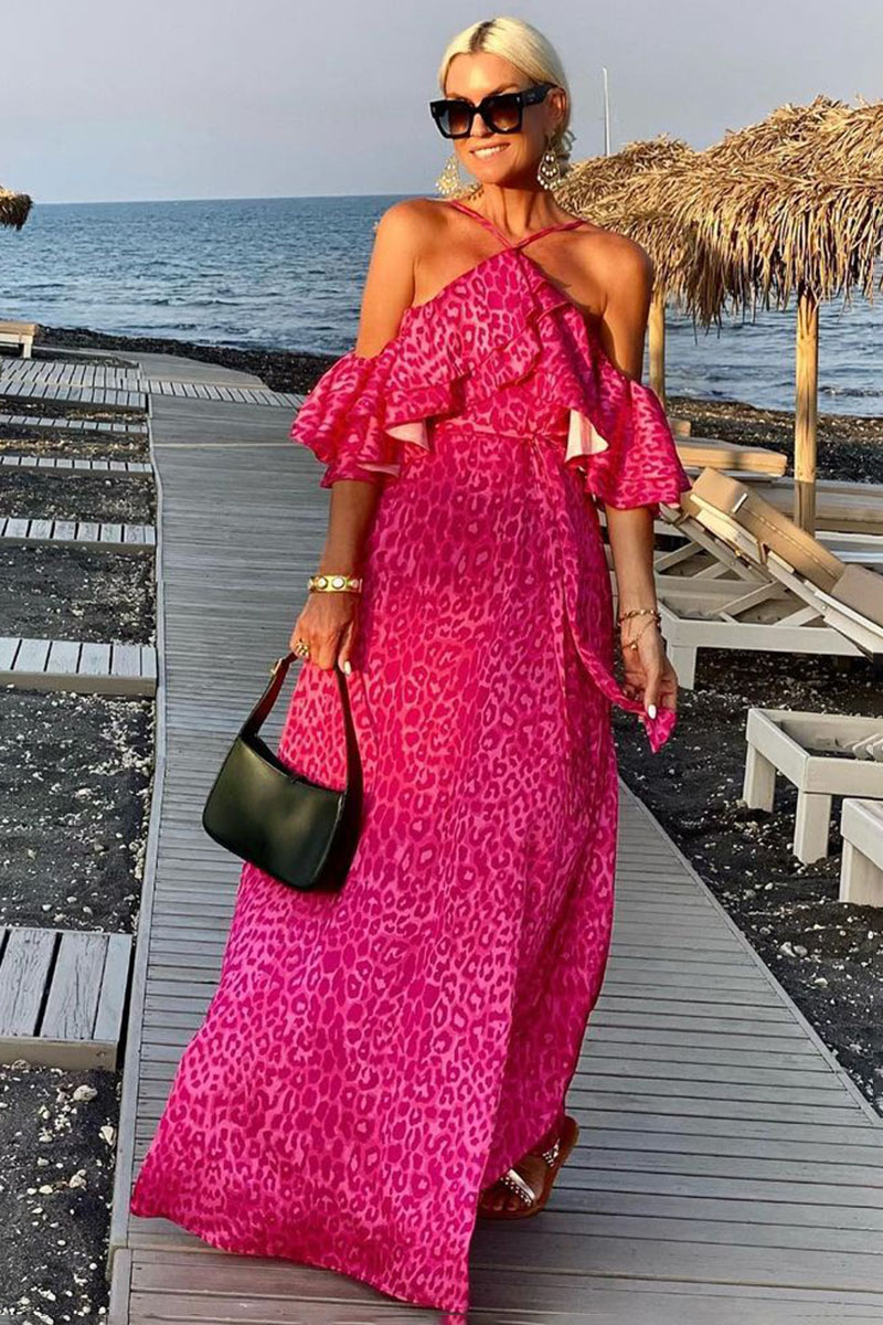 Halter Off Shoulder Ruffle Leopard Print Vacation Maxi Dresses-Hayhty.All Rights Reserved.